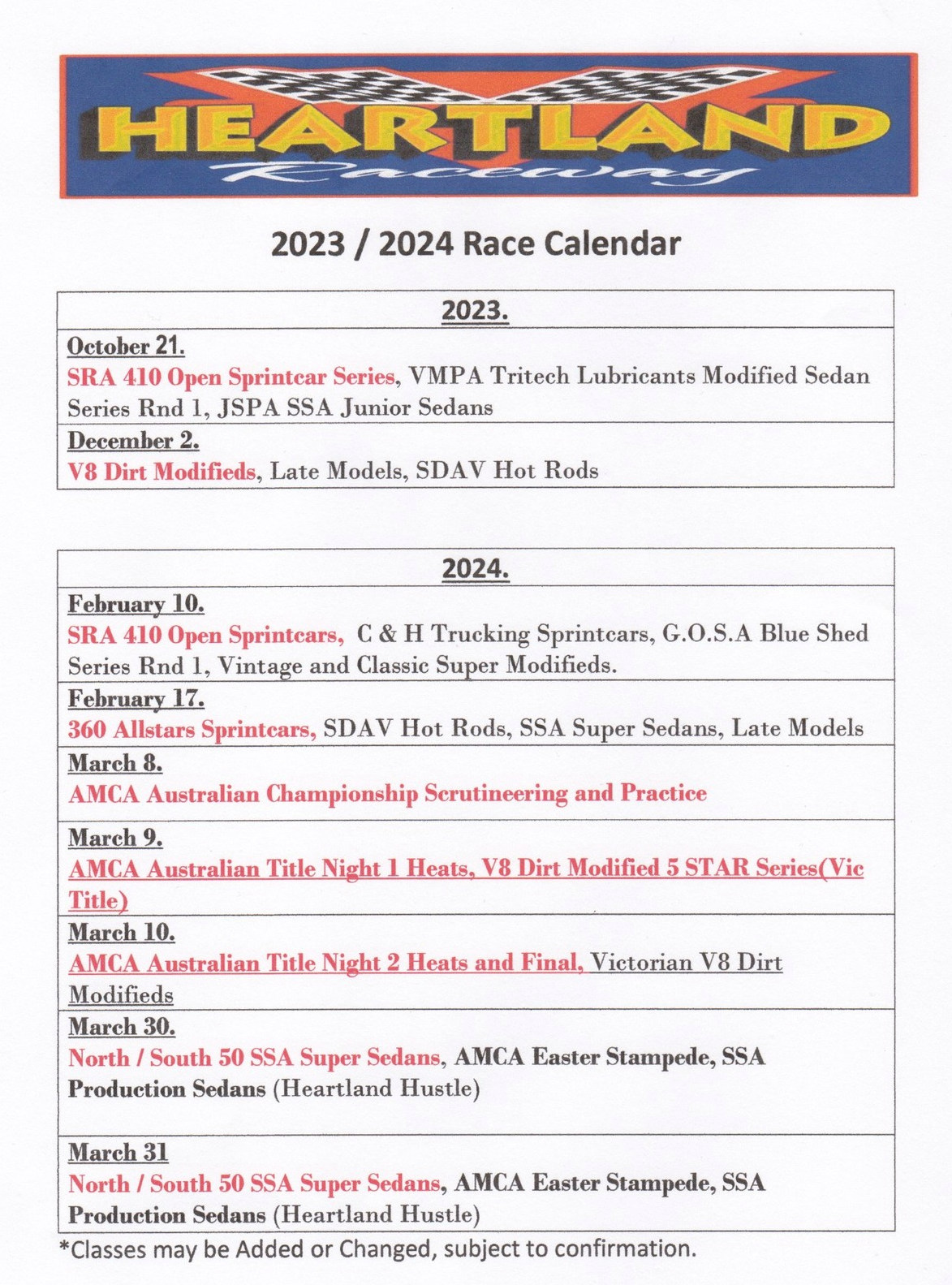 2023/4 Race Schedule HEARTLAND RACEWAY MOAMA